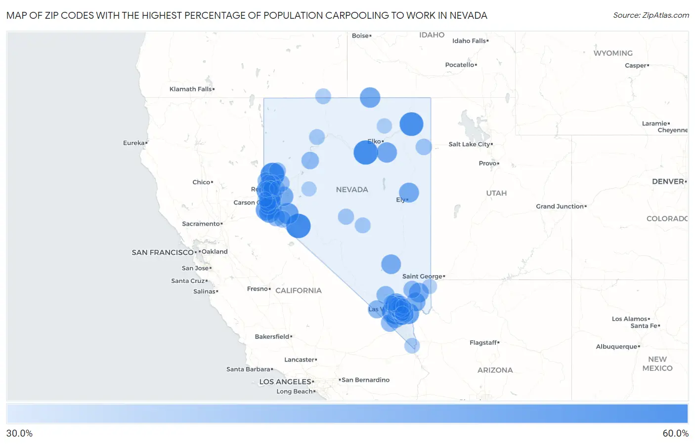 Zip Codes with the Highest Percentage of Population Carpooling to Work in Nevada Map