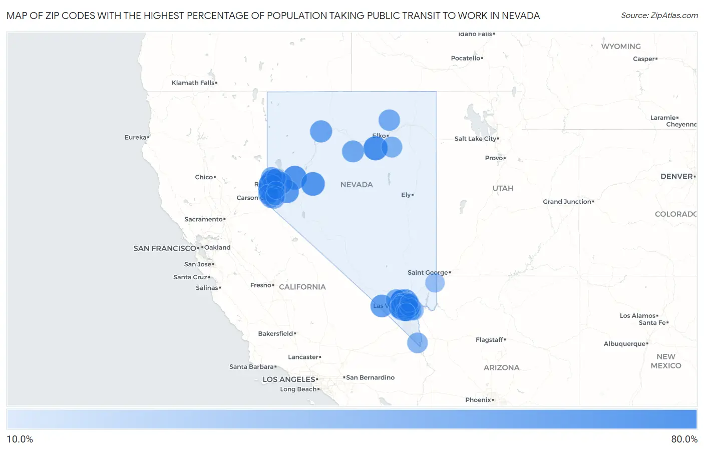 Zip Codes with the Highest Percentage of Population Taking Public Transit to Work in Nevada Map