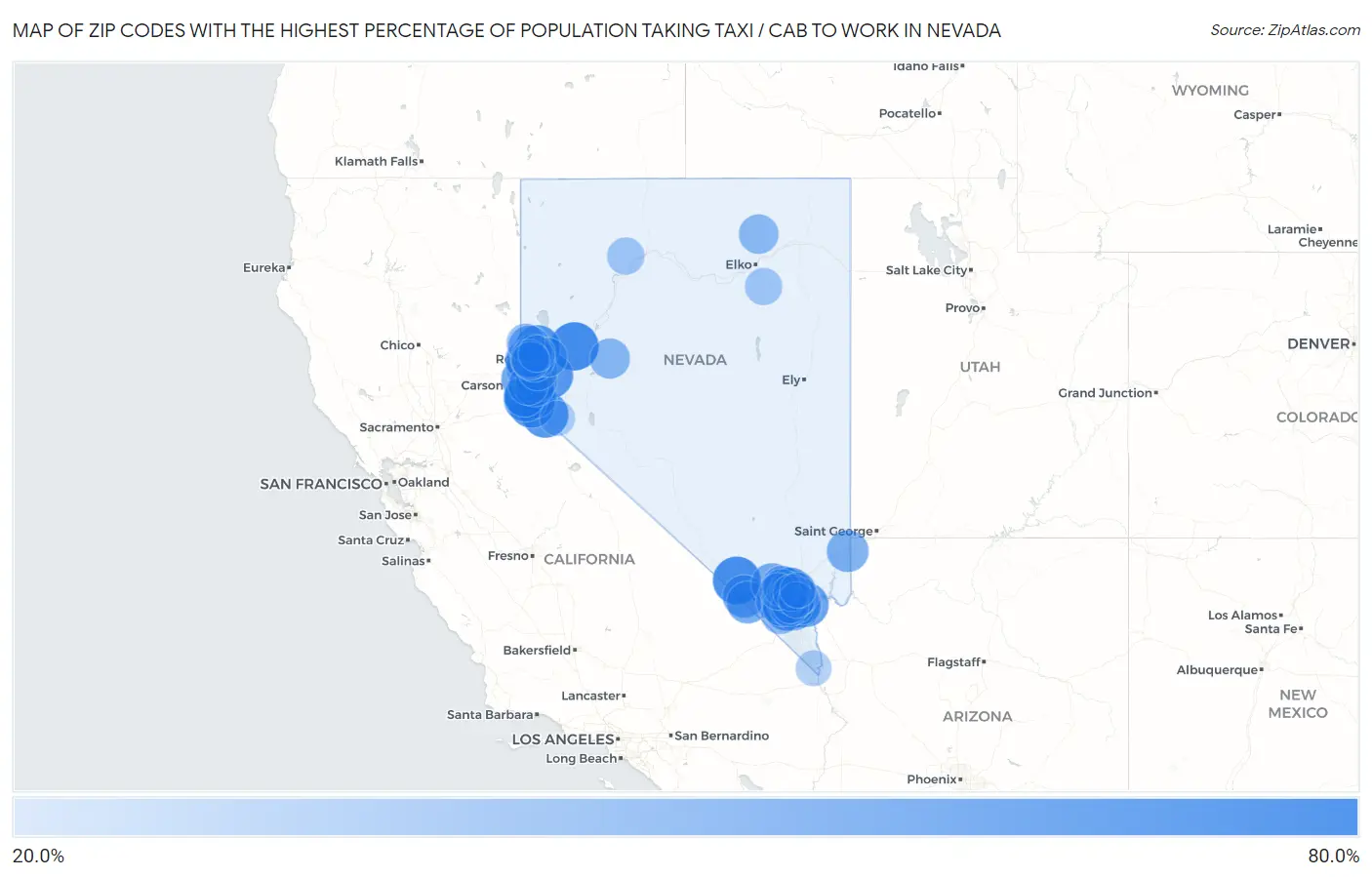 Zip Codes with the Highest Percentage of Population Taking Taxi / Cab to Work in Nevada Map