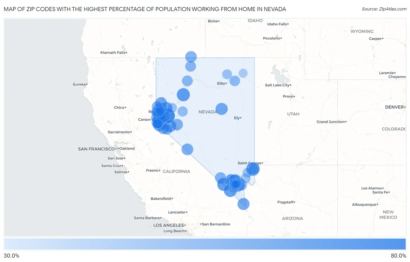 Zip Codes with the Highest Percentage of Population Working from Home in Nevada Map