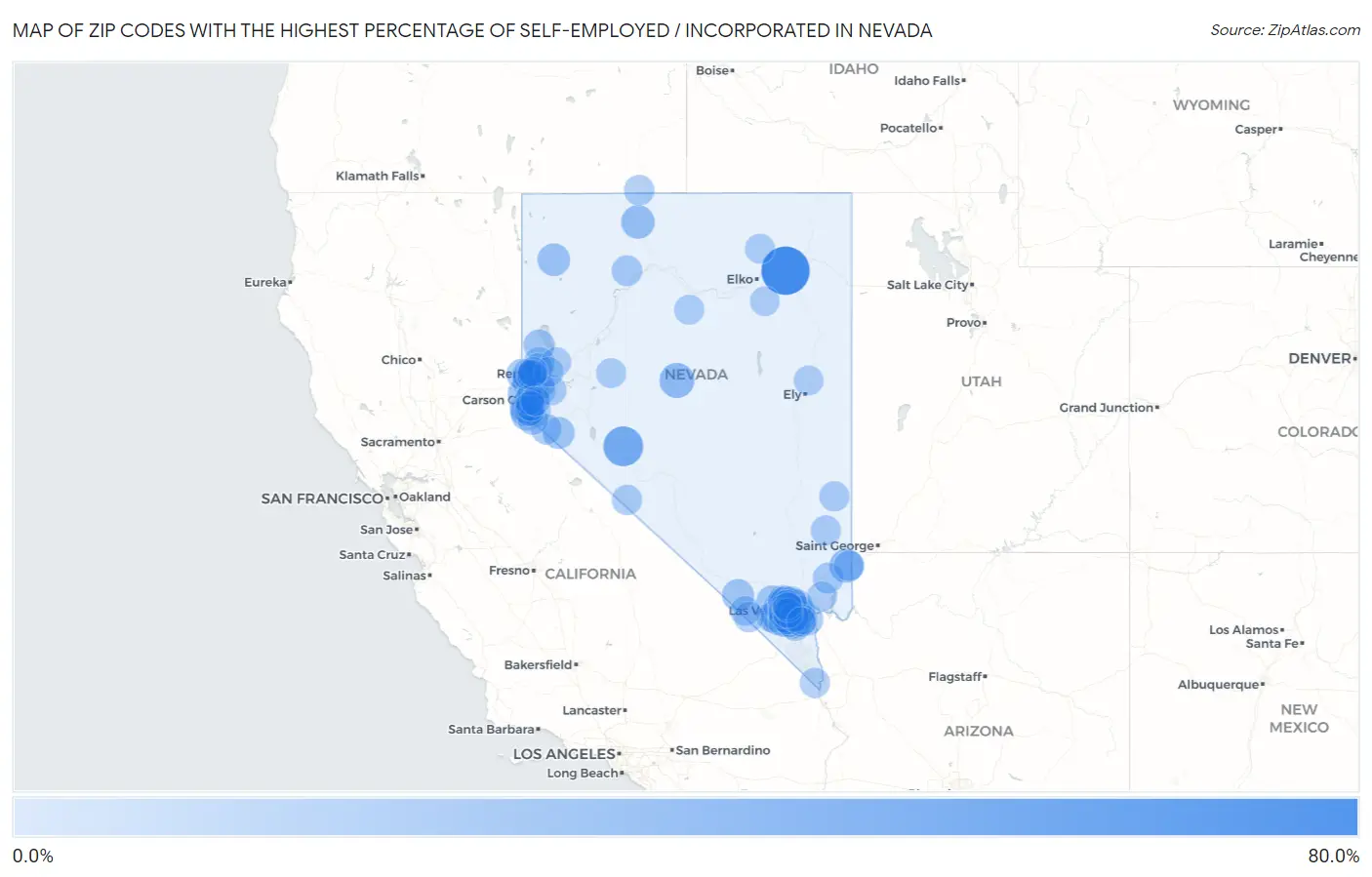 Zip Codes with the Highest Percentage of Self-Employed / Incorporated in Nevada Map