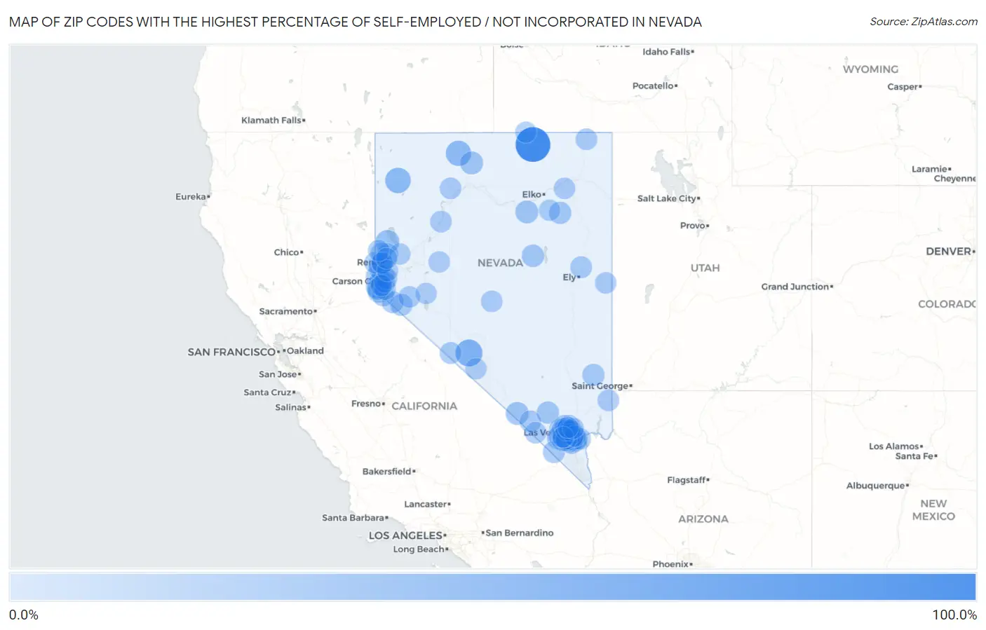 Zip Codes with the Highest Percentage of Self-Employed / Not Incorporated in Nevada Map