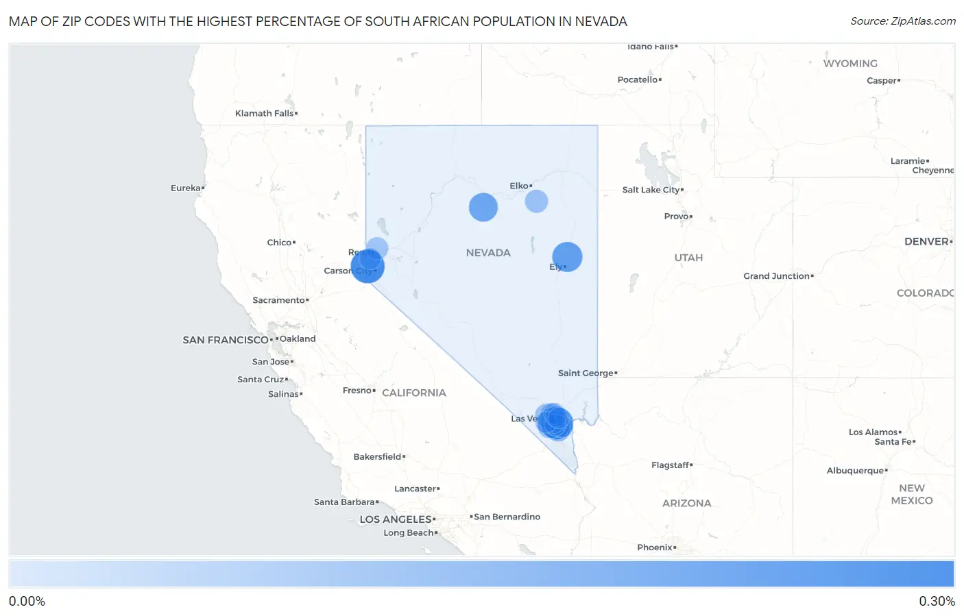 Zip Codes with the Highest Percentage of South African Population in Nevada Map