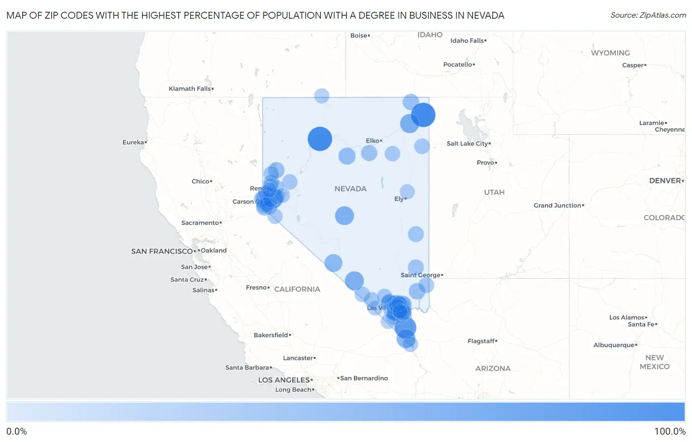 Zip Codes with the Highest Percentage of Population with a Degree in Business in Nevada Map