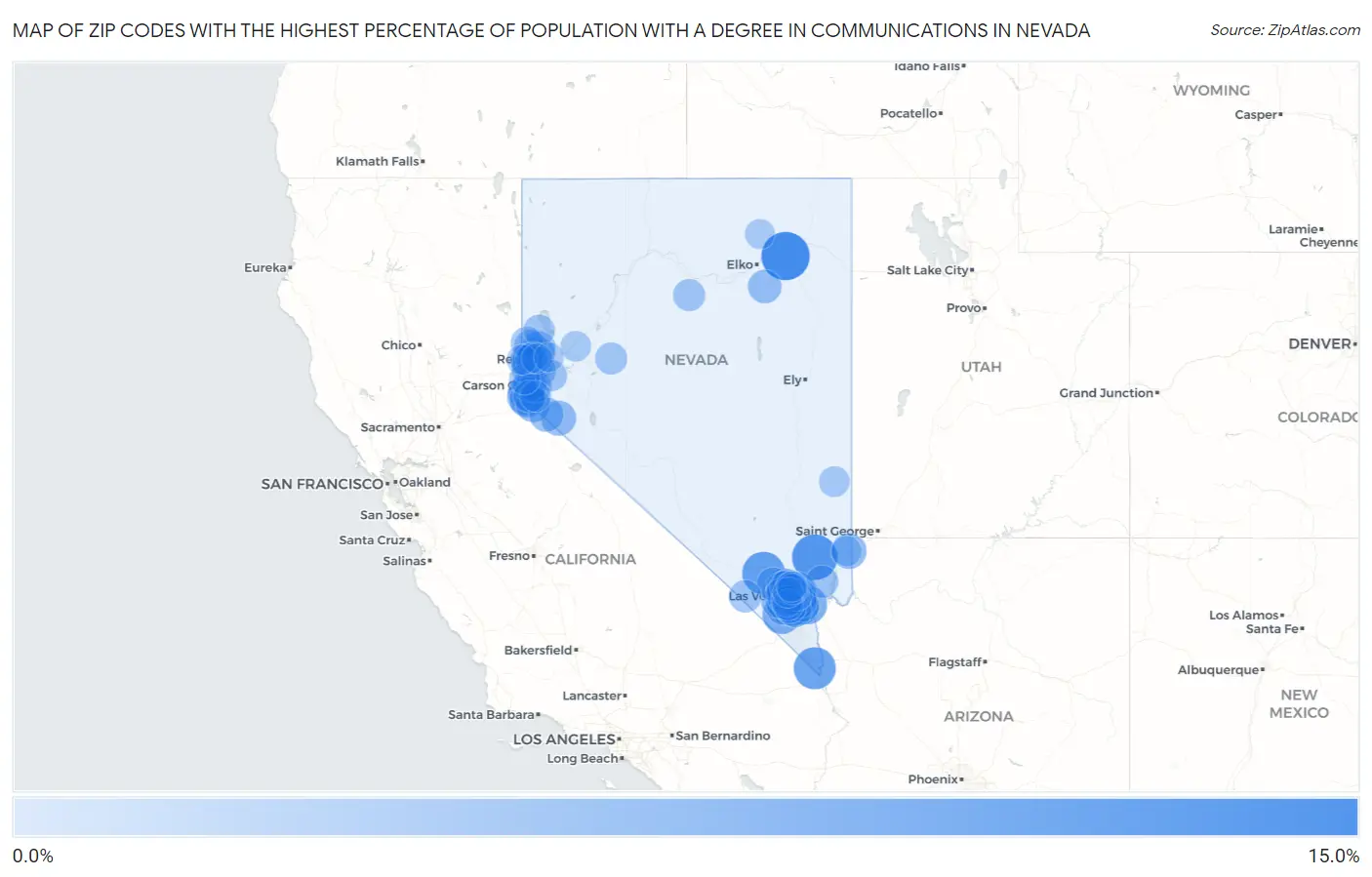 Zip Codes with the Highest Percentage of Population with a Degree in Communications in Nevada Map