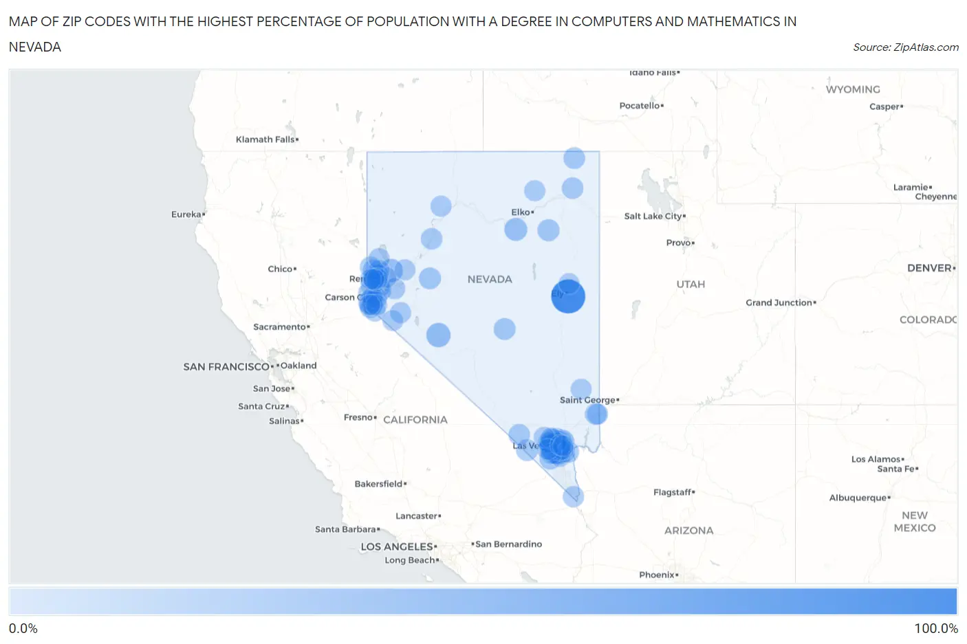 Zip Codes with the Highest Percentage of Population with a Degree in Computers and Mathematics in Nevada Map