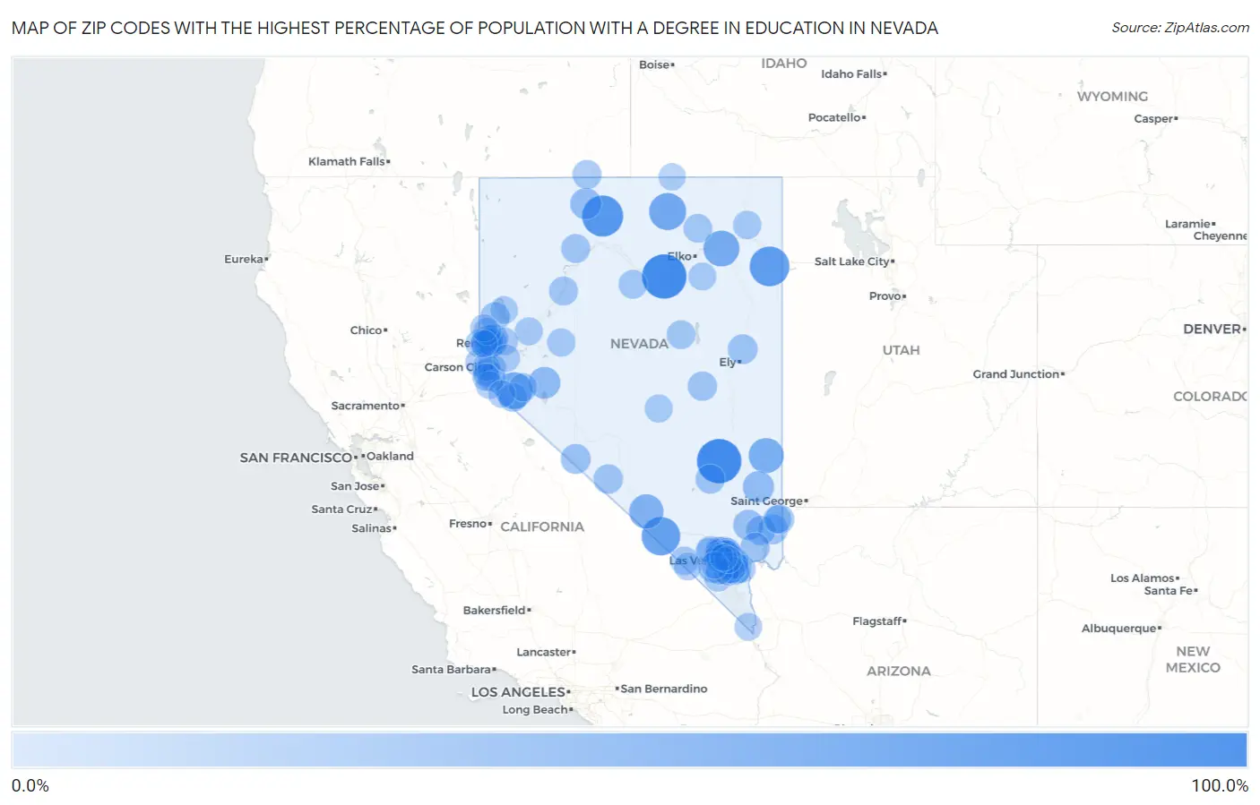 Zip Codes with the Highest Percentage of Population with a Degree in Education in Nevada Map