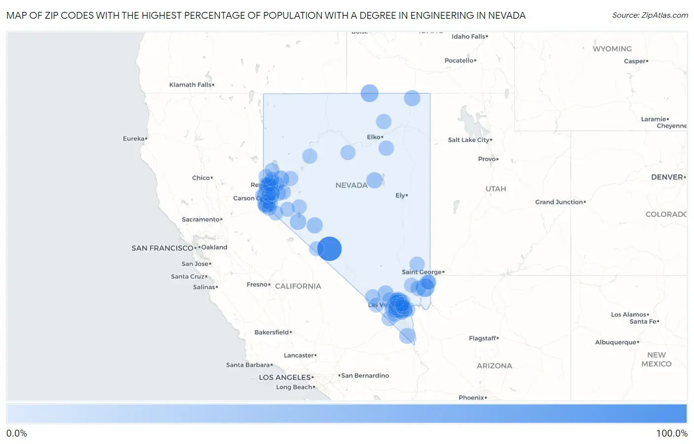 Zip Codes with the Highest Percentage of Population with a Degree in Engineering in Nevada Map
