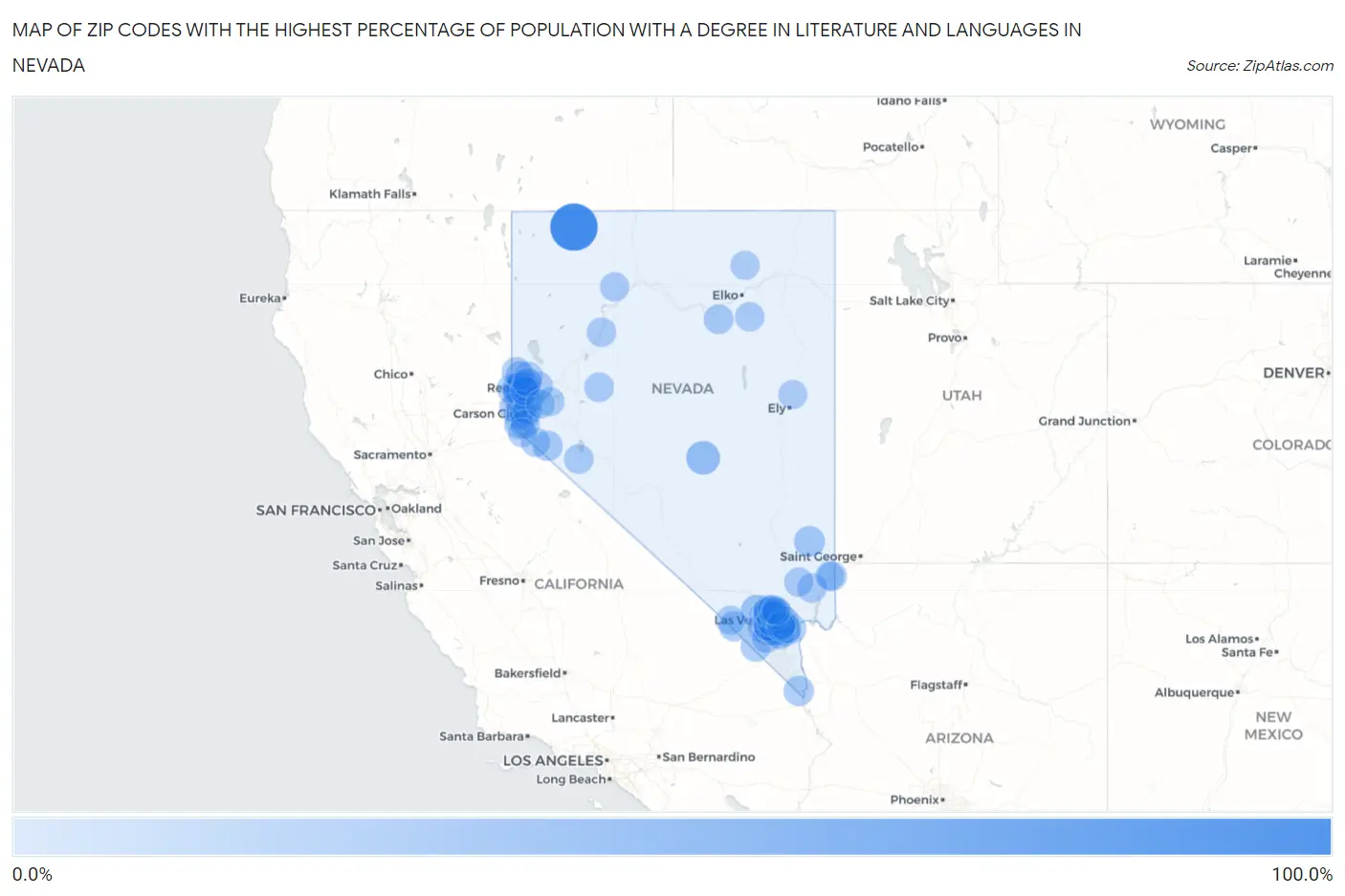 Zip Codes with the Highest Percentage of Population with a Degree in Literature and Languages in Nevada Map