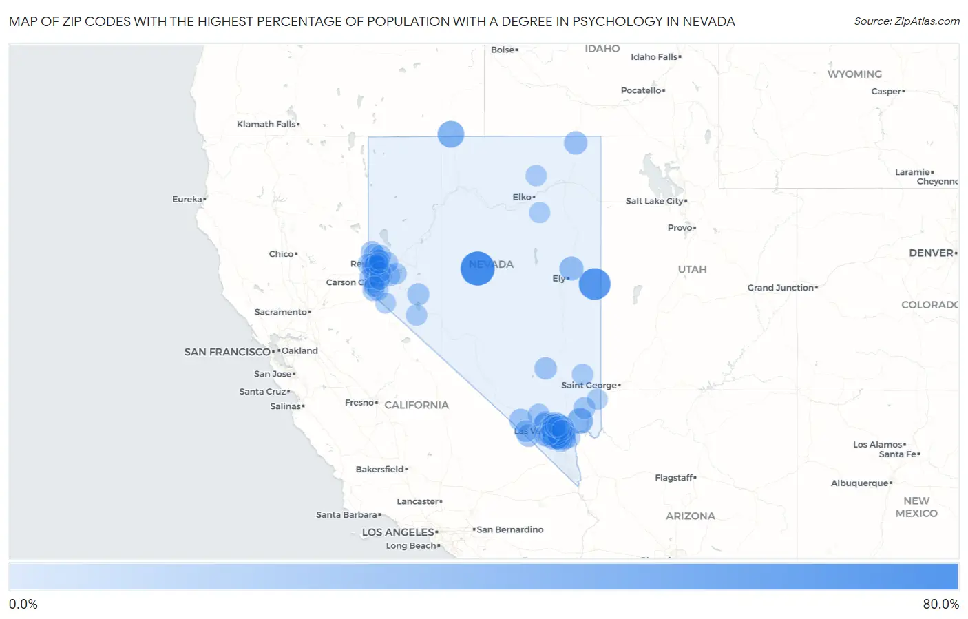 Zip Codes with the Highest Percentage of Population with a Degree in Psychology in Nevada Map