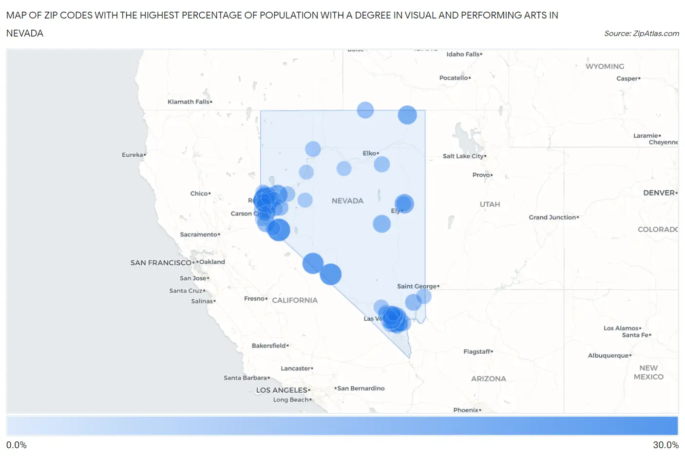 Zip Codes with the Highest Percentage of Population with a Degree in Visual and Performing Arts in Nevada Map