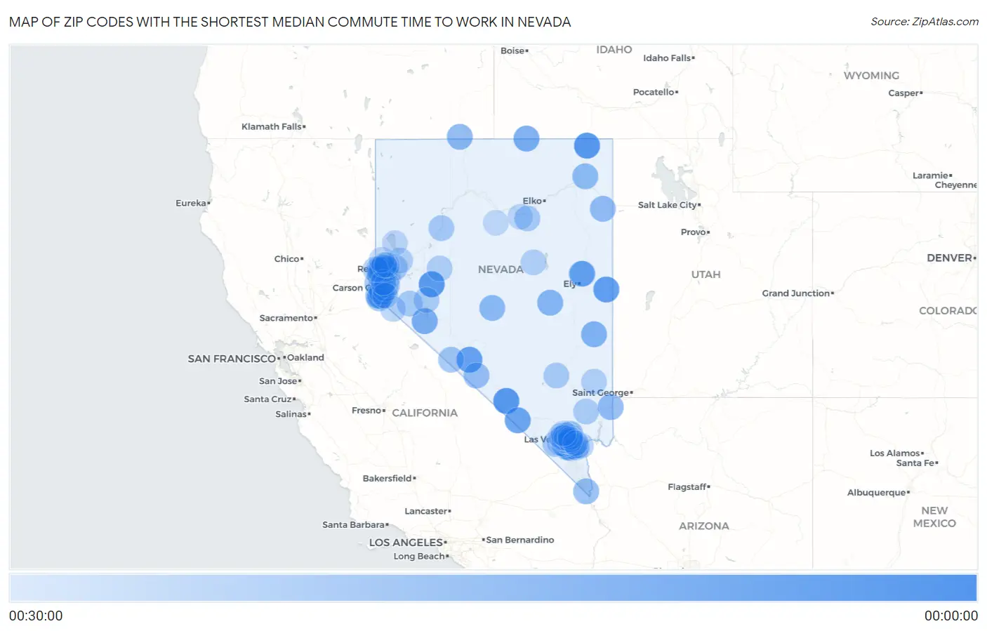 Zip Codes with the Shortest Median Commute Time to Work in Nevada Map