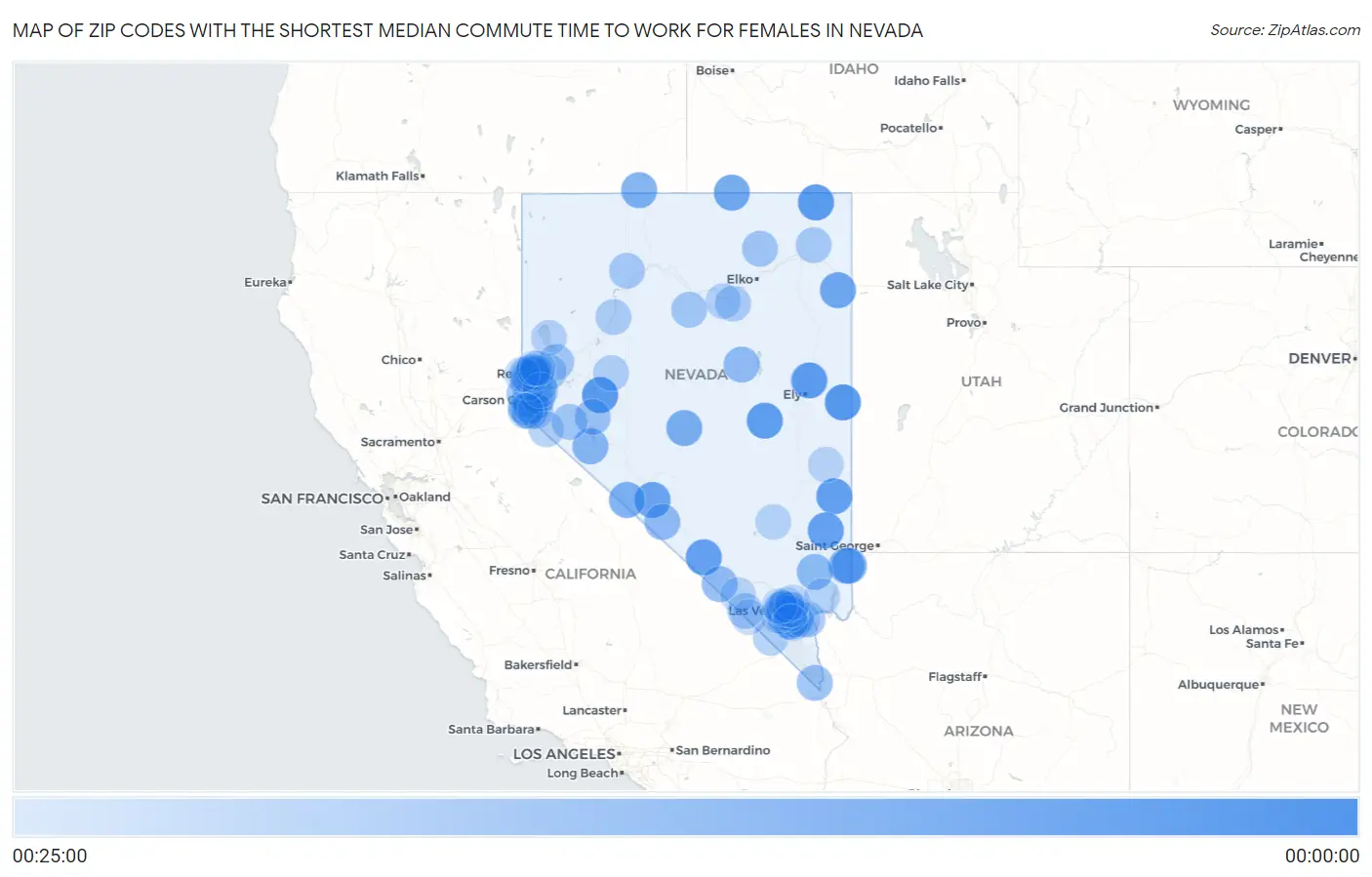 Zip Codes with the Shortest Median Commute Time to Work for Females in Nevada Map