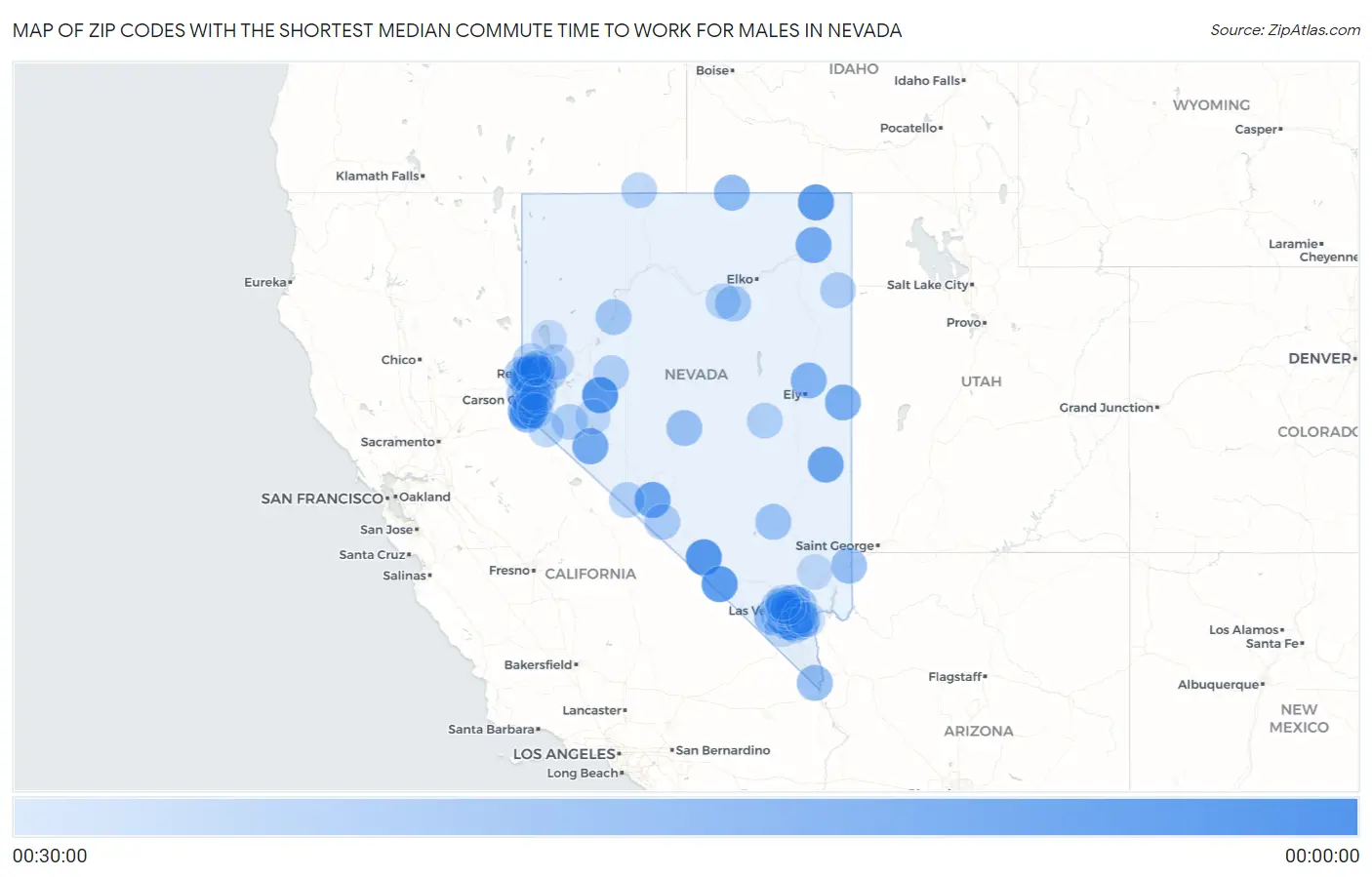 Zip Codes with the Shortest Median Commute Time to Work for Males in Nevada Map