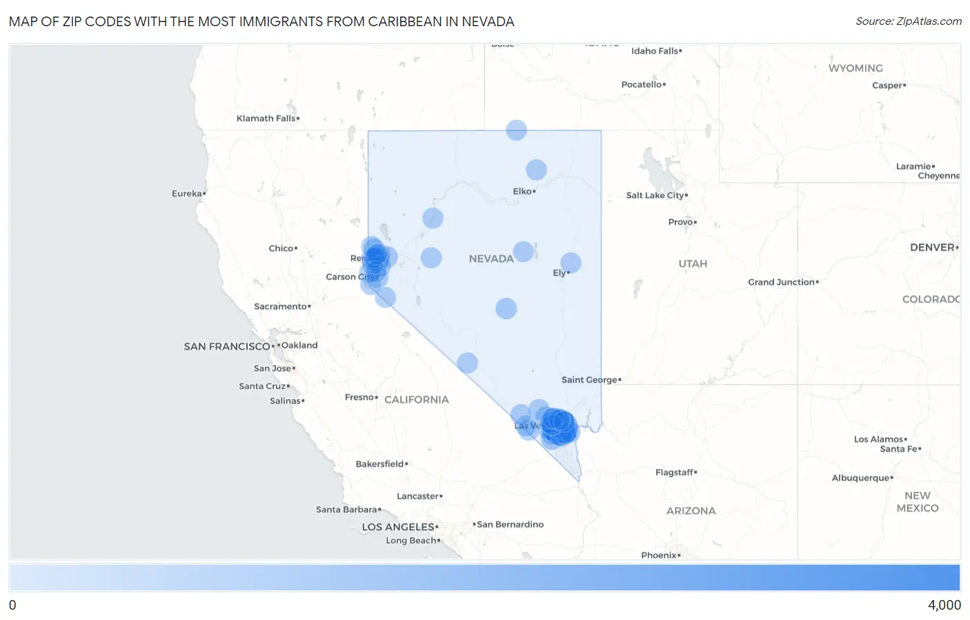 Zip Codes with the Most Immigrants from Caribbean in Nevada Map