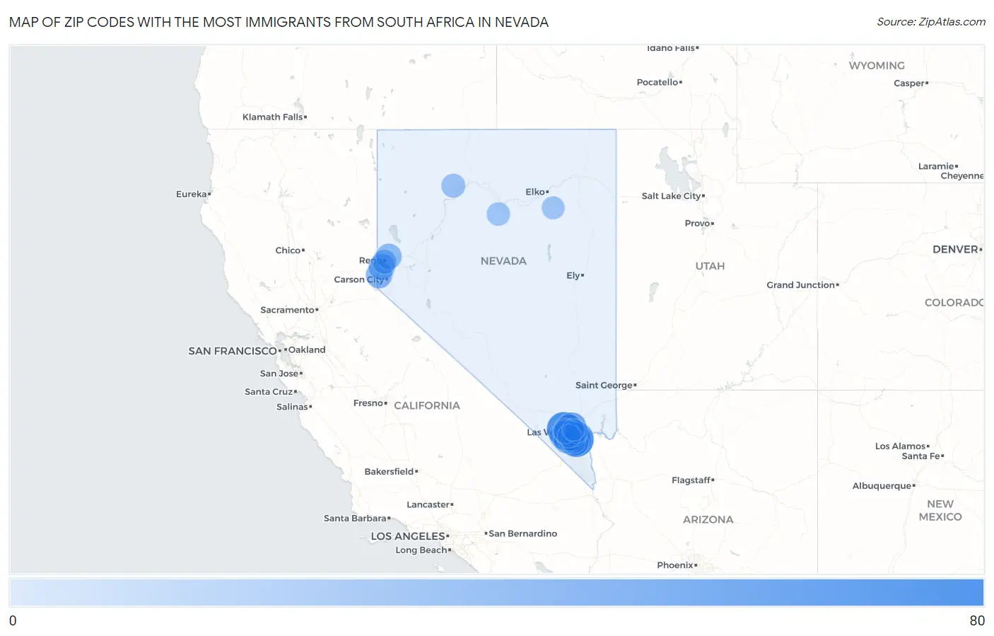 Zip Codes with the Most Immigrants from South Africa in Nevada Map