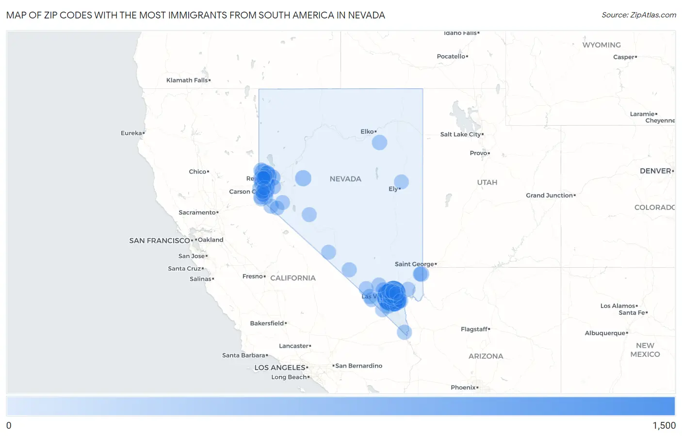 Zip Codes with the Most Immigrants from South America in Nevada Map