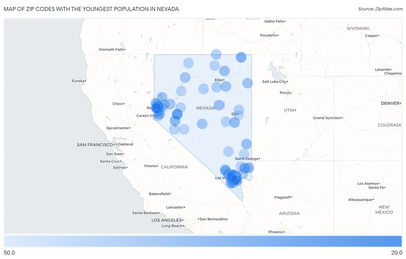 Zip Codes with the Youngest Population in Nevada Map