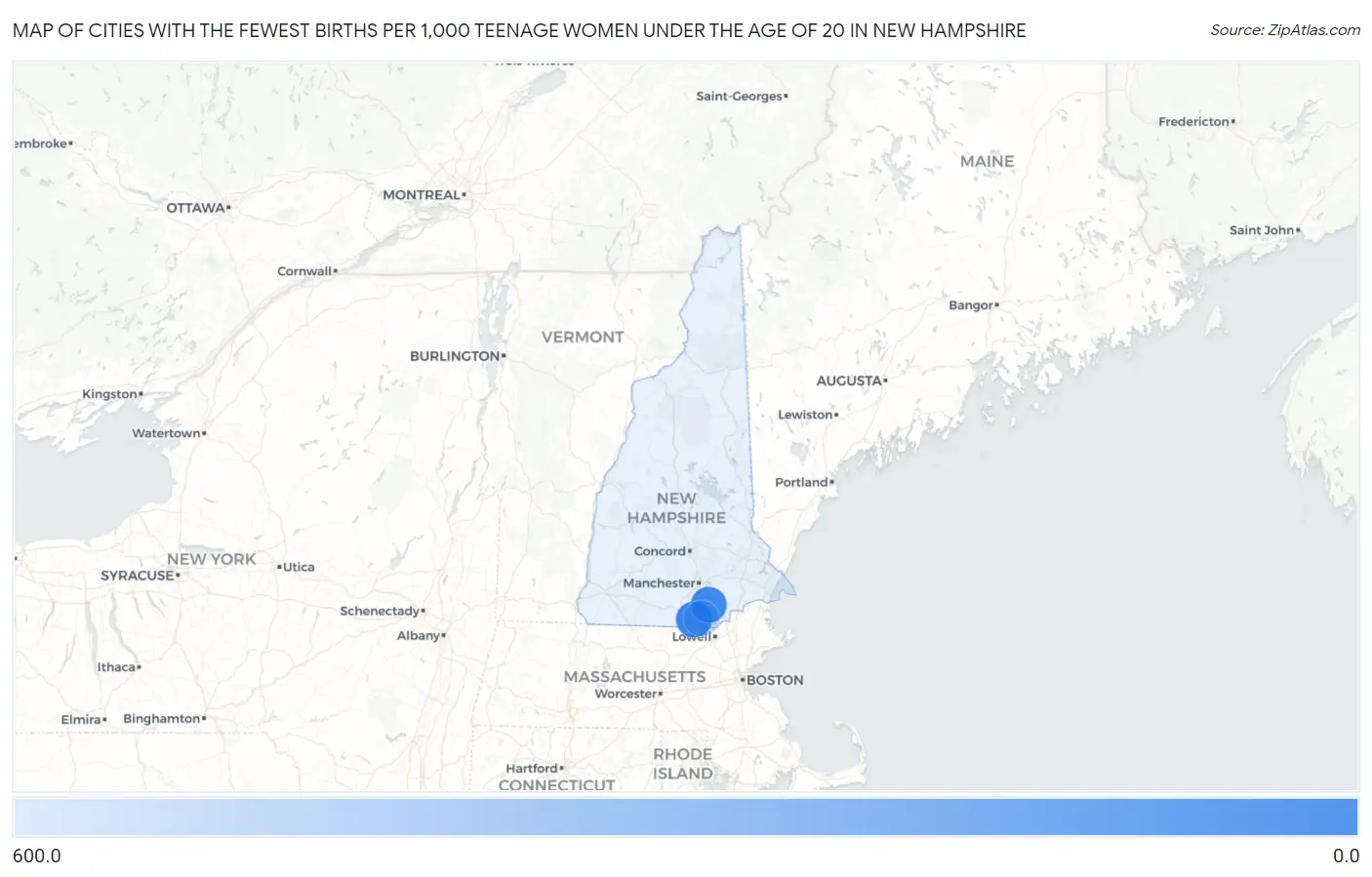 Cities with the Fewest Births per 1,000 Teenage Women Under the Age of 20 in New Hampshire Map