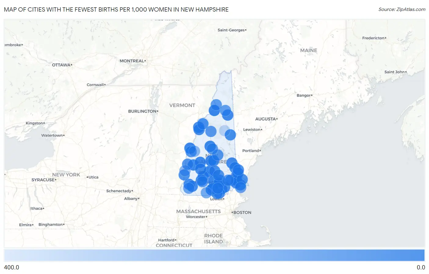 Cities with the Fewest Births per 1,000 Women in New Hampshire Map