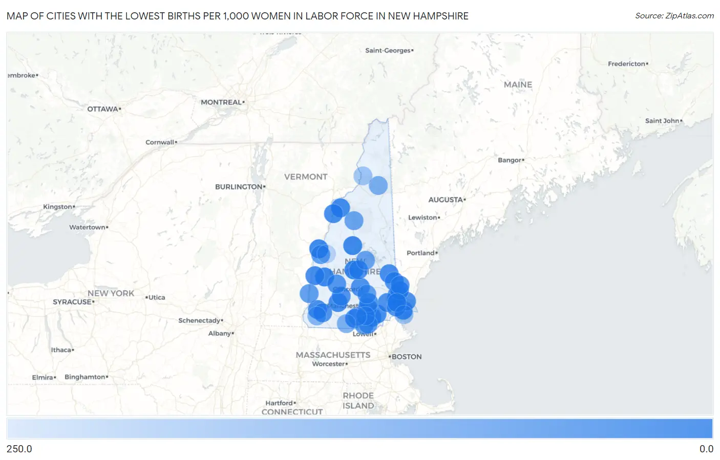 Cities with the Lowest Births per 1,000 Women in Labor Force in New Hampshire Map