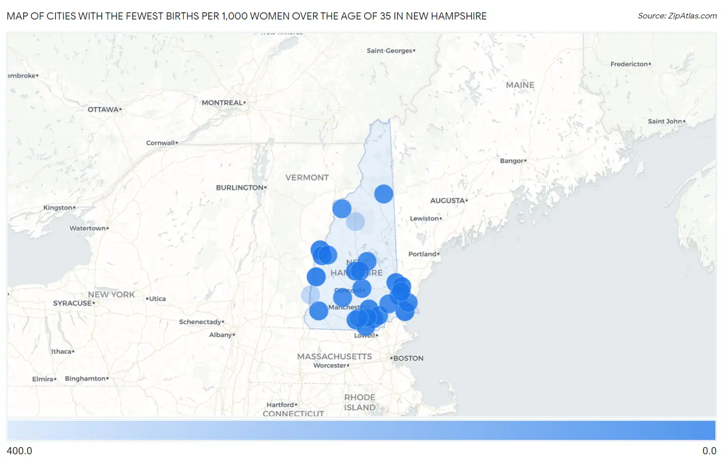 Cities with the Fewest Births per 1,000 Women Over the Age of 35 in New Hampshire Map