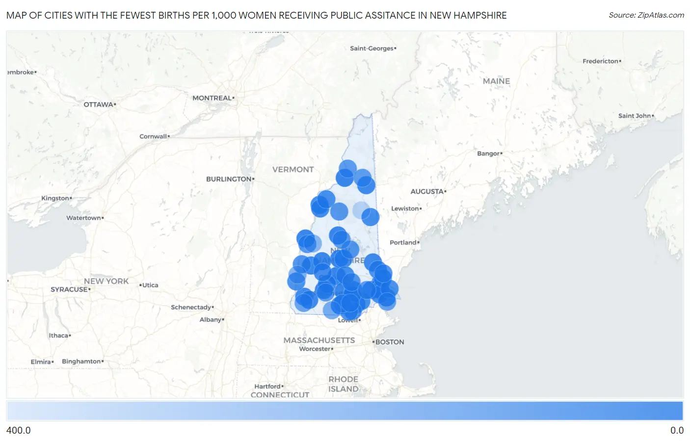 Cities with the Fewest Births per 1,000 Women Receiving Public Assitance in New Hampshire Map