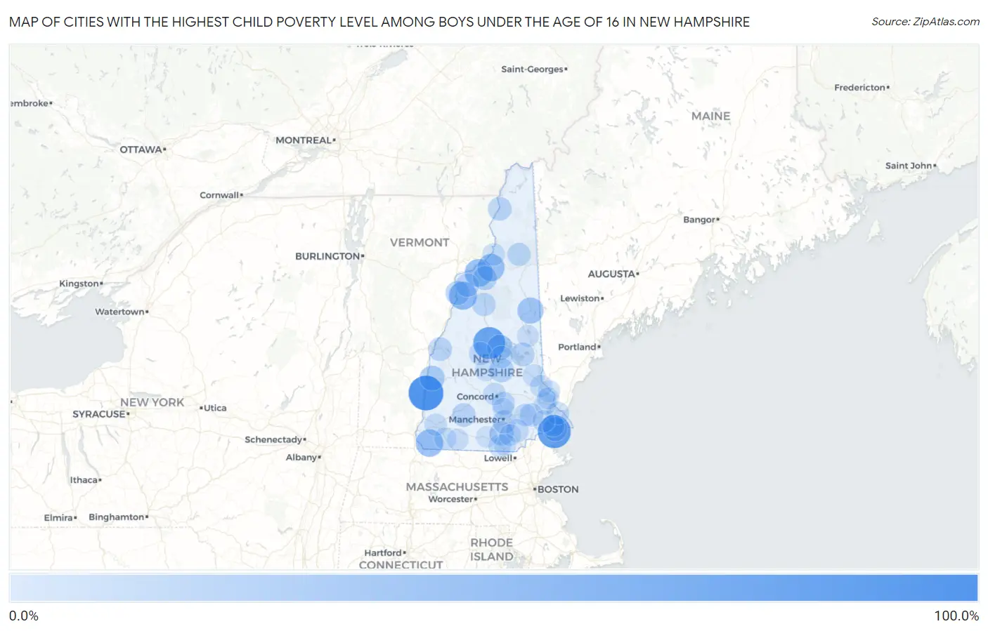 Cities with the Highest Child Poverty Level Among Boys Under the Age of 16 in New Hampshire Map