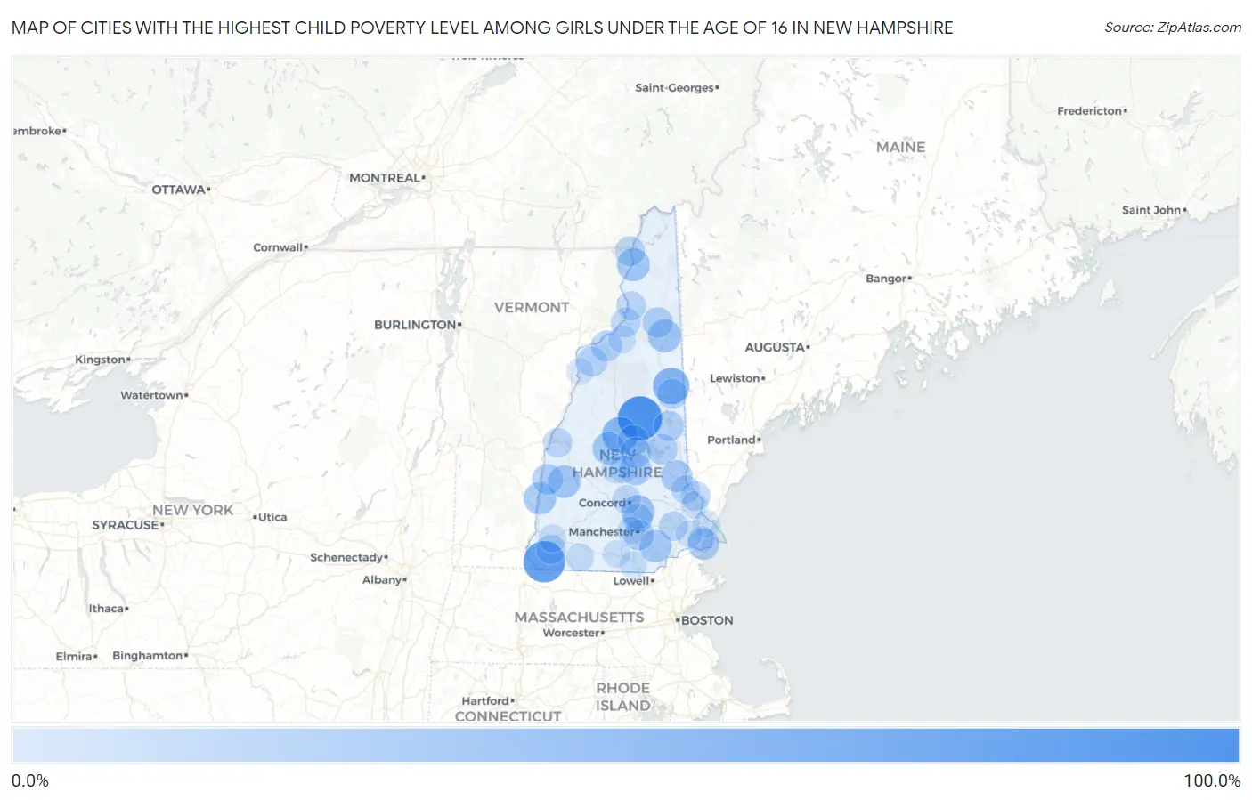 Cities with the Highest Child Poverty Level Among Girls Under the Age of 16 in New Hampshire Map