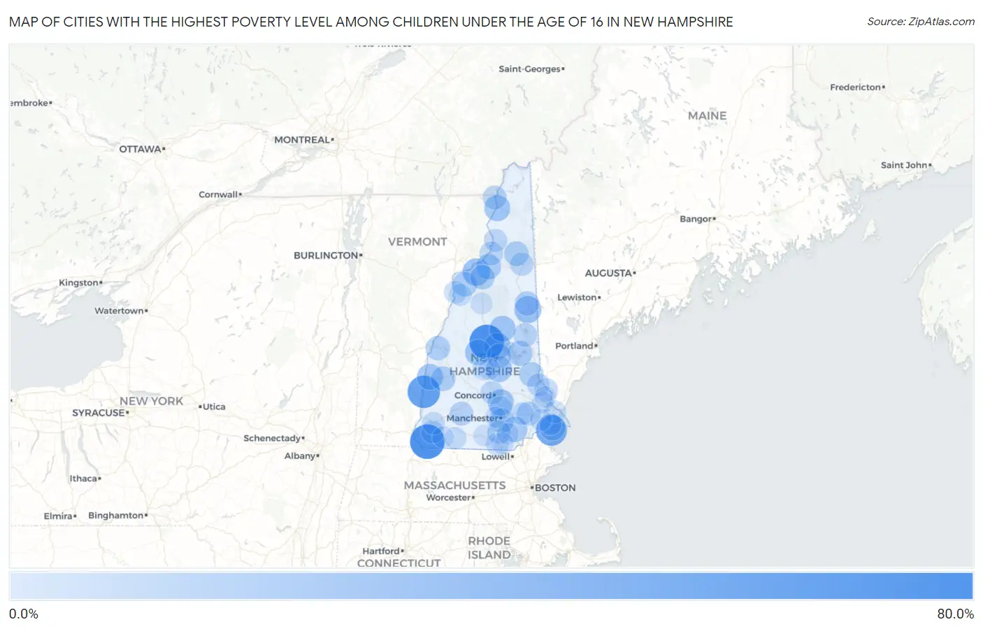 Cities with the Highest Poverty Level Among Children Under the Age of 16 in New Hampshire Map