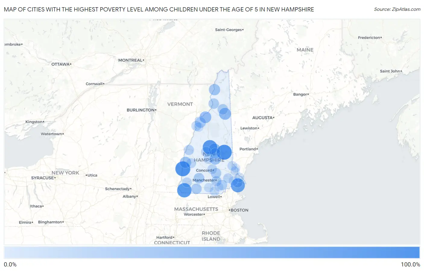 Cities with the Highest Poverty Level Among Children Under the Age of 5 in New Hampshire Map
