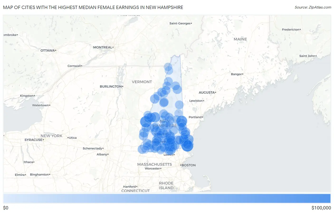 Cities with the Highest Median Female Earnings in New Hampshire Map