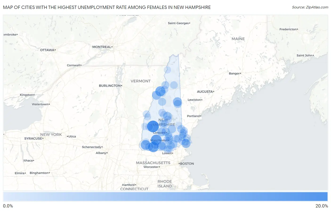Cities with the Highest Unemployment Rate Among Females in New Hampshire Map