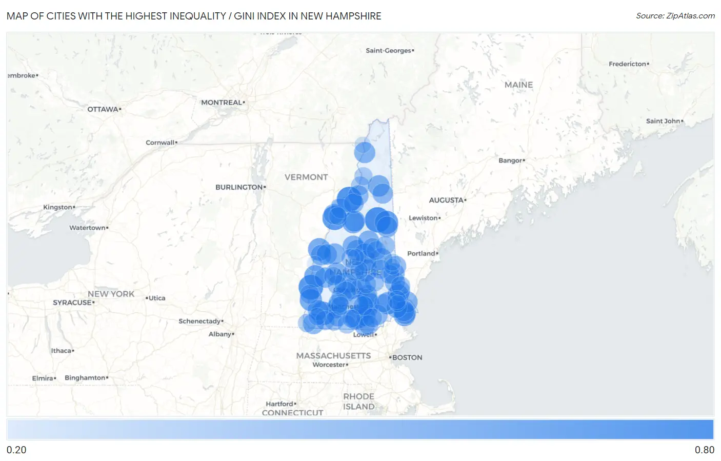 Cities with the Highest Inequality / Gini Index in New Hampshire Map