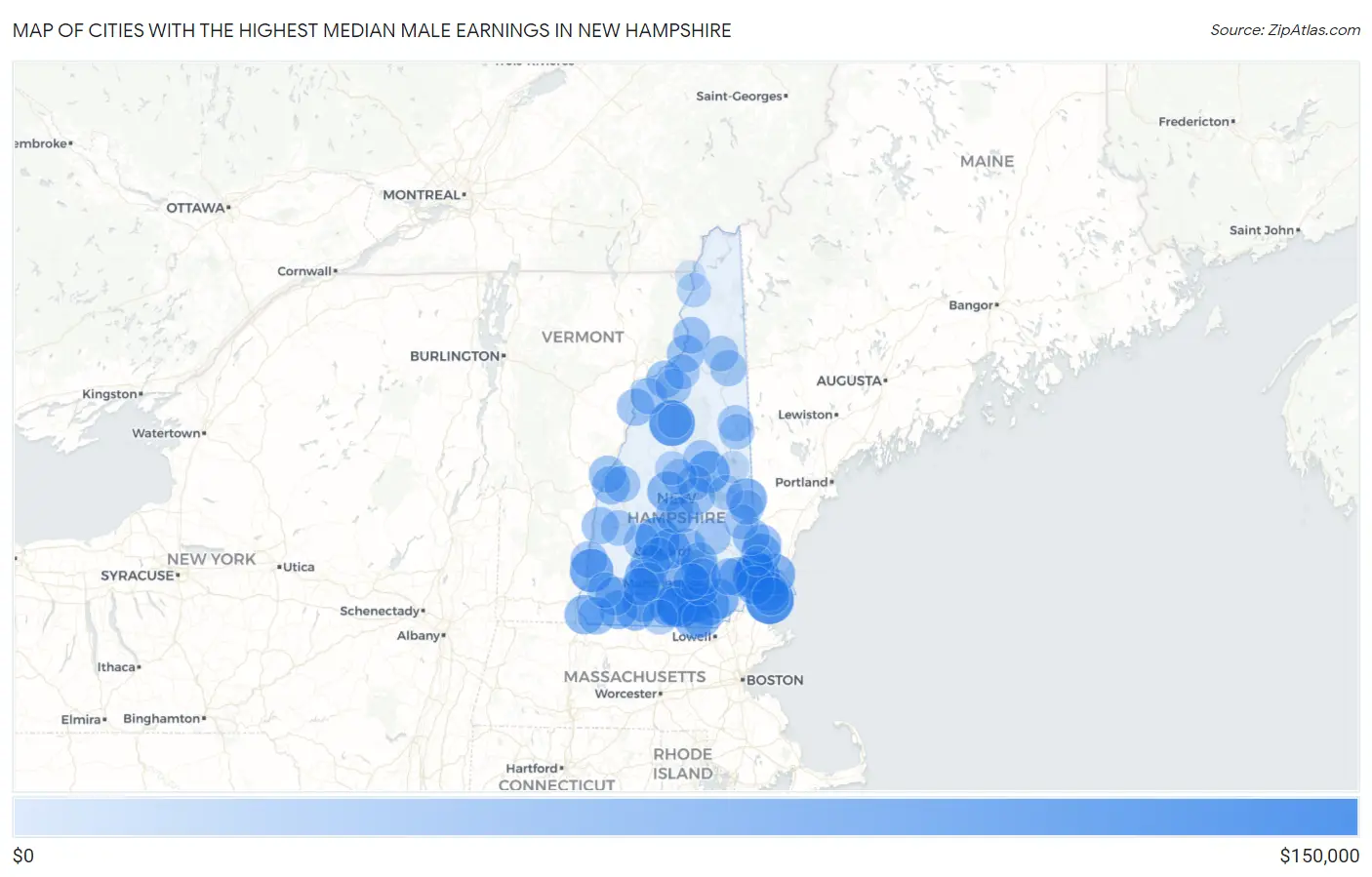Cities with the Highest Median Male Earnings in New Hampshire Map