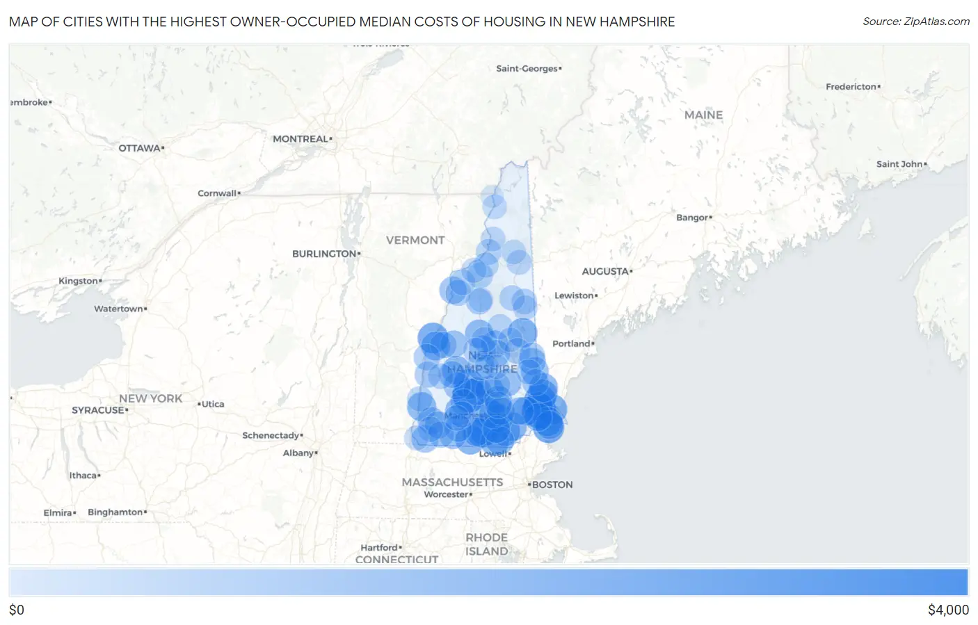 Cities with the Highest Owner-Occupied Median Costs of Housing in New Hampshire Map