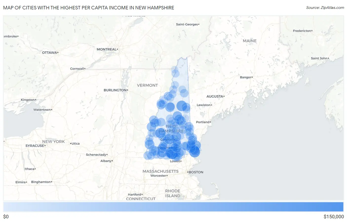Cities with the Highest Per Capita Income in New Hampshire Map