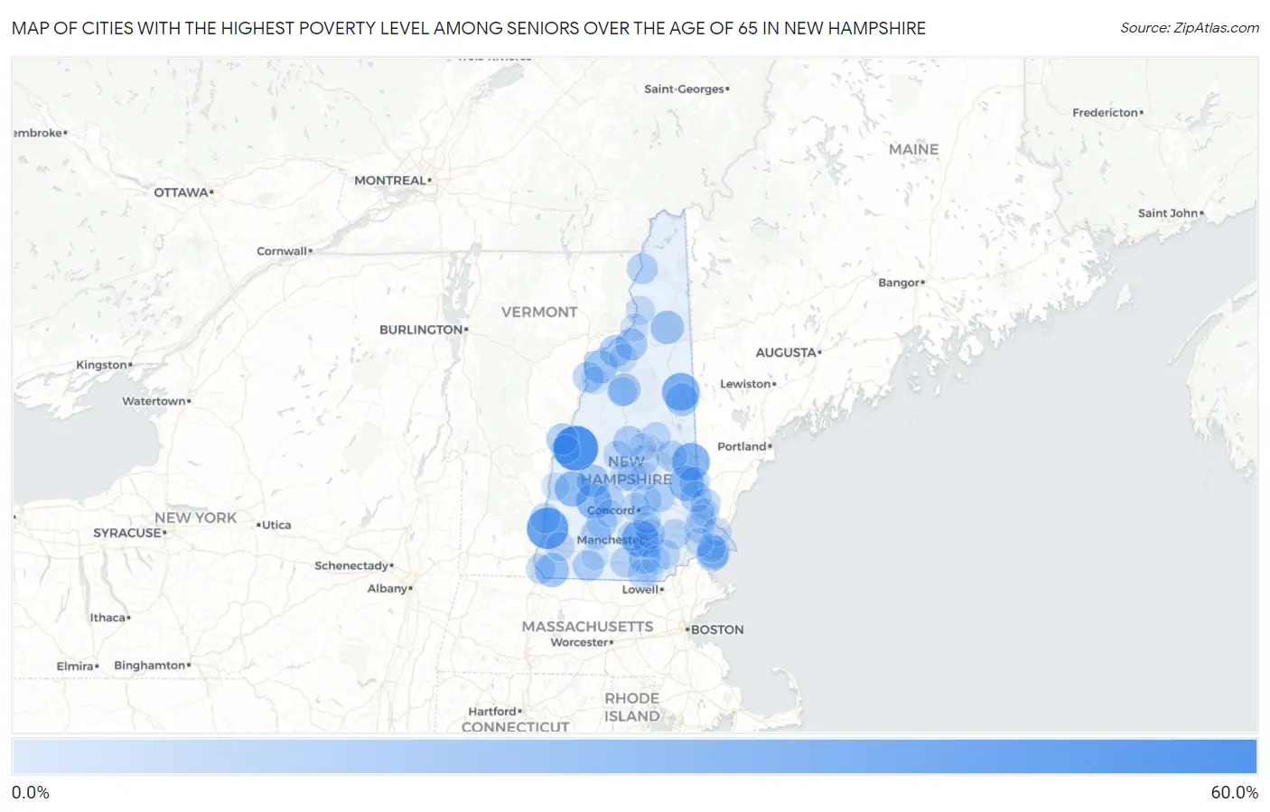 Cities with the Highest Poverty Level Among Seniors Over the Age of 65 in New Hampshire Map