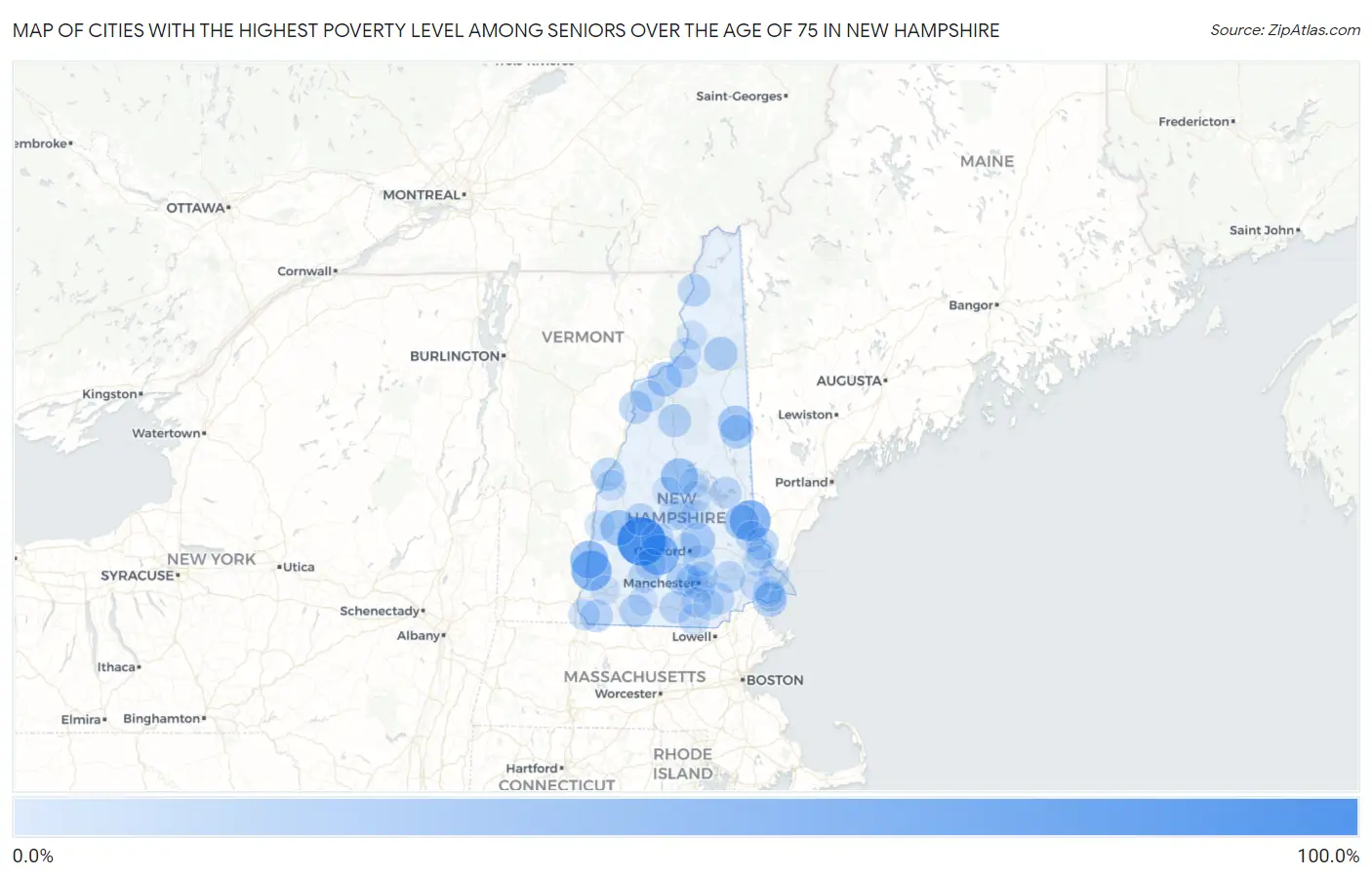 Cities with the Highest Poverty Level Among Seniors Over the Age of 75 in New Hampshire Map