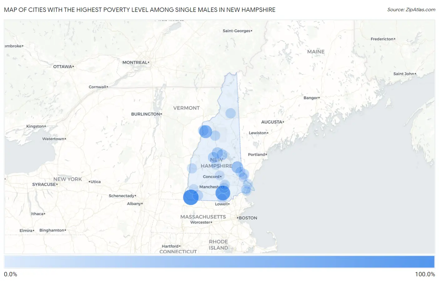 Cities with the Highest Poverty Level Among Single Males in New Hampshire Map