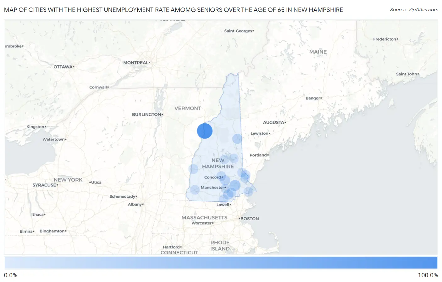 Cities with the Highest Unemployment Rate Amomg Seniors Over the Age of 65 in New Hampshire Map