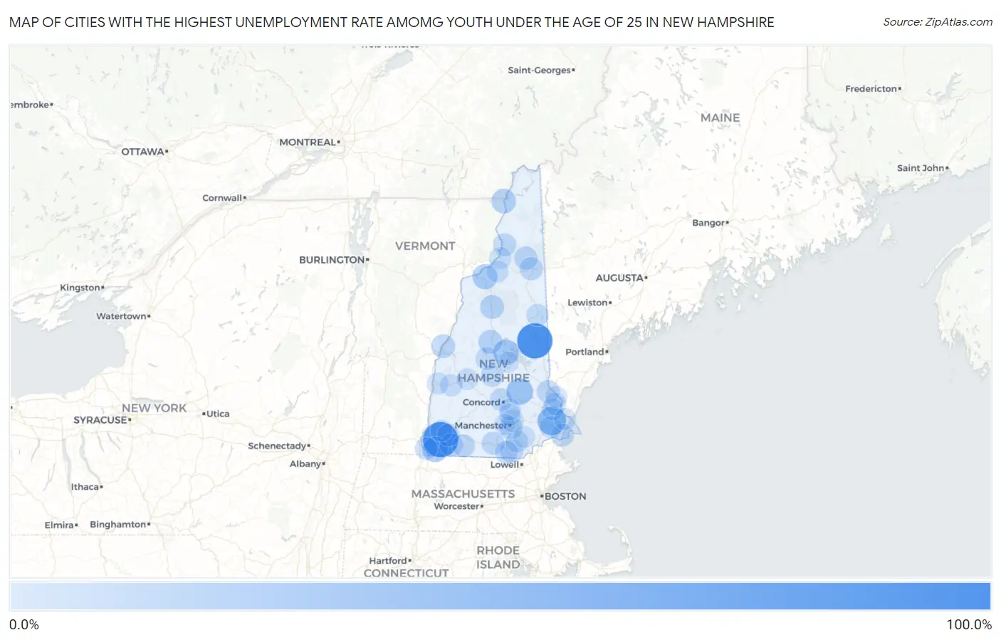 Cities with the Highest Unemployment Rate Amomg Youth Under the Age of 25 in New Hampshire Map