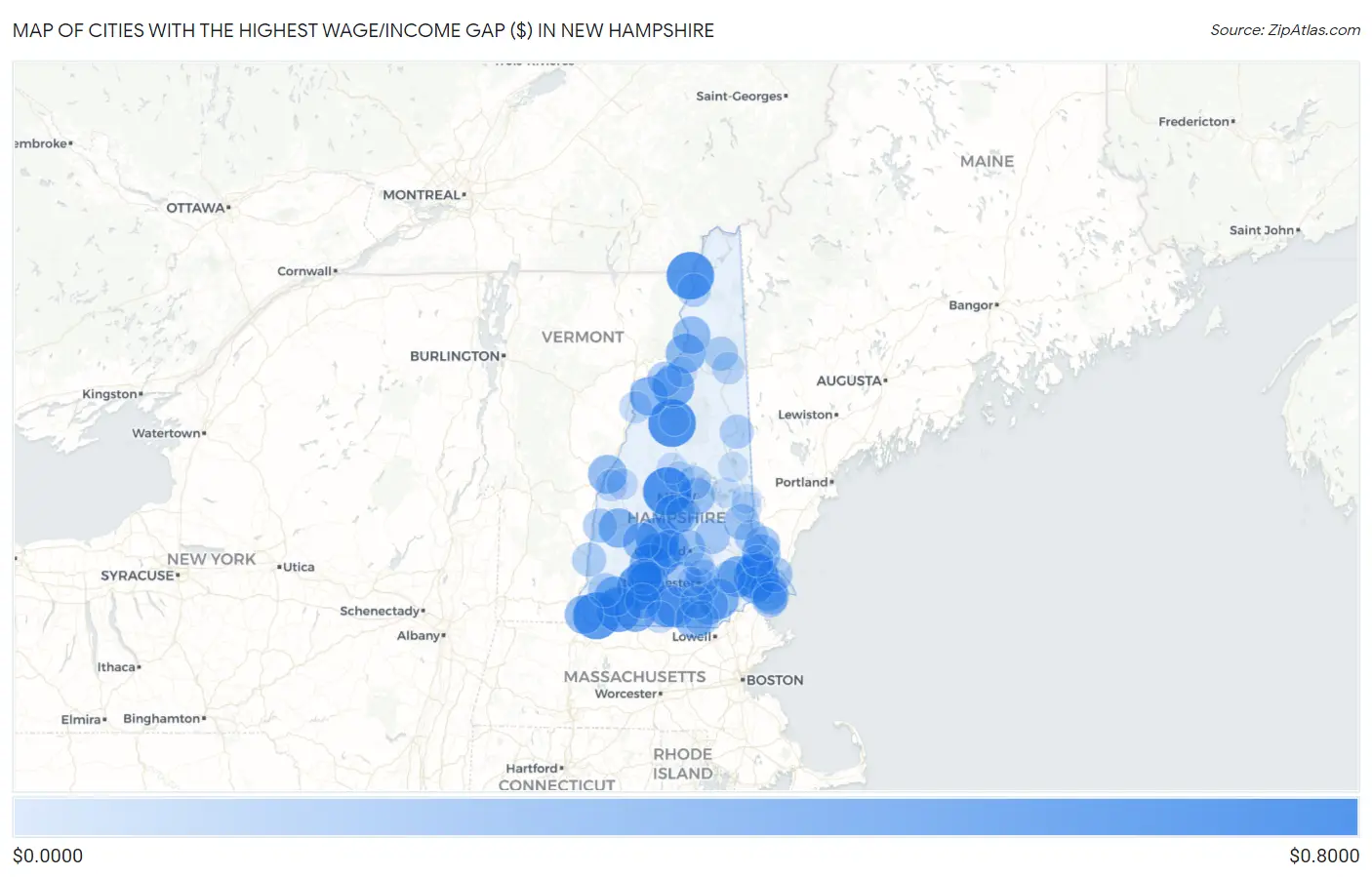 Cities with the Highest Wage/Income Gap ($) in New Hampshire Map