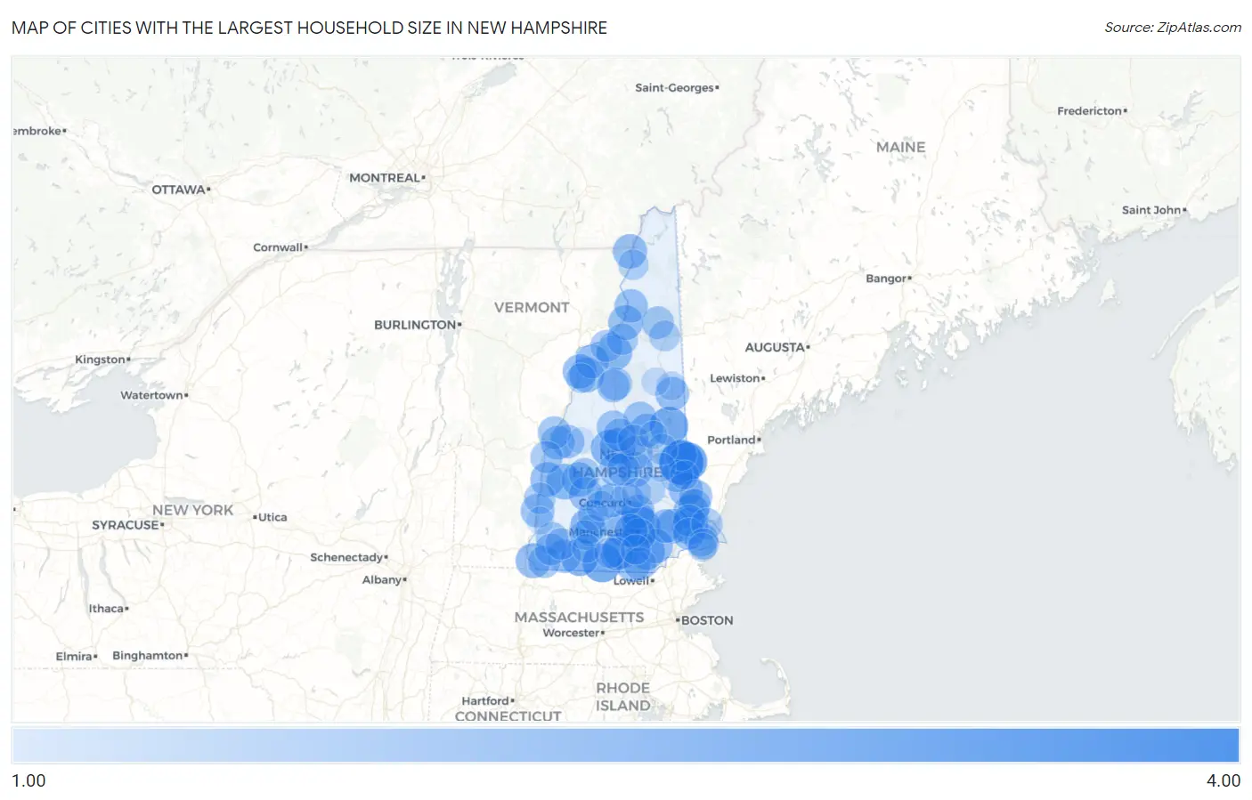 Cities with the Largest Household Size in New Hampshire Map