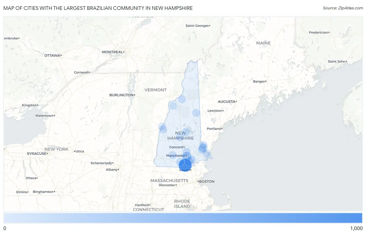 Cities with the Largest Brazilian Community in New Hampshire Map
