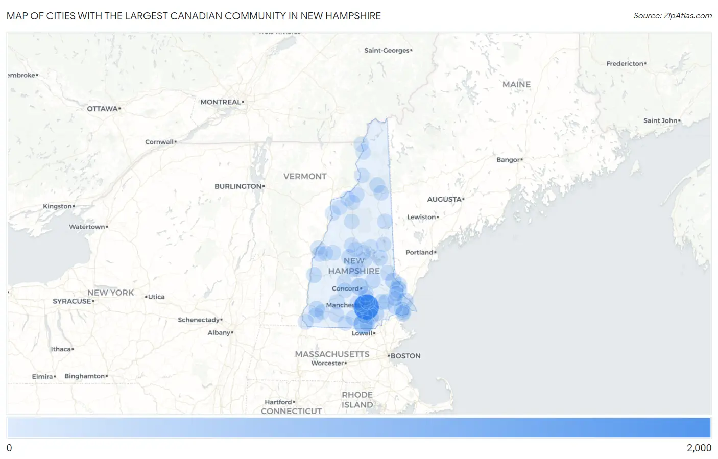 Cities with the Largest Canadian Community in New Hampshire Map