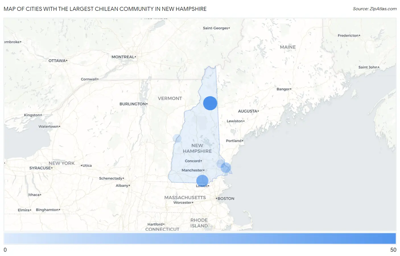 Cities with the Largest Chilean Community in New Hampshire Map
