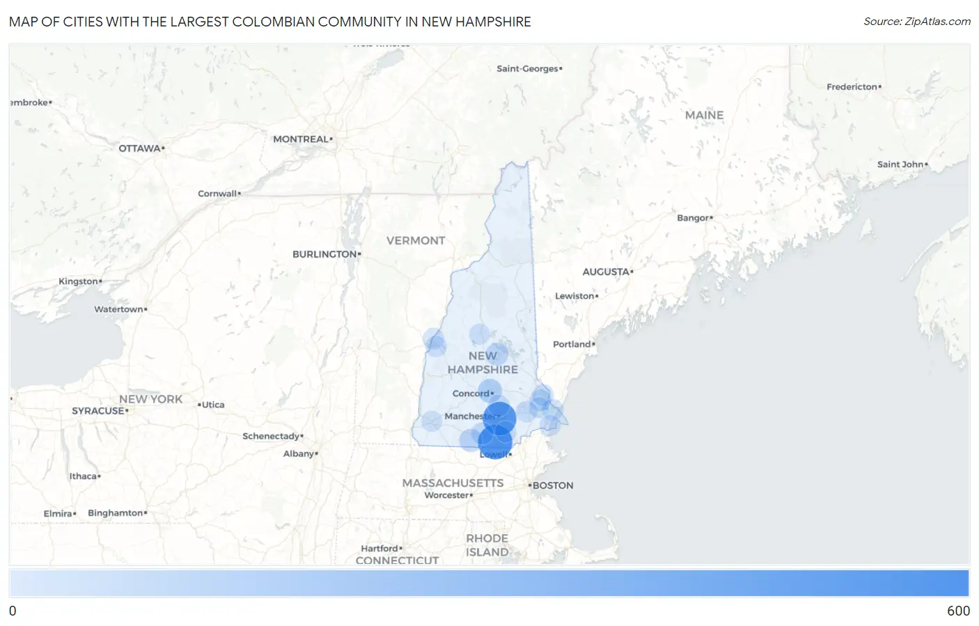 Cities with the Largest Colombian Community in New Hampshire Map