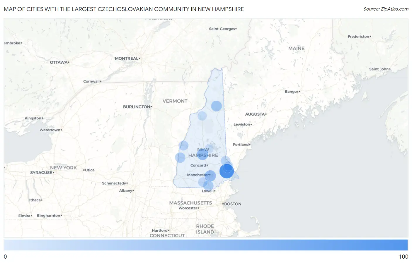 Cities with the Largest Czechoslovakian Community in New Hampshire Map