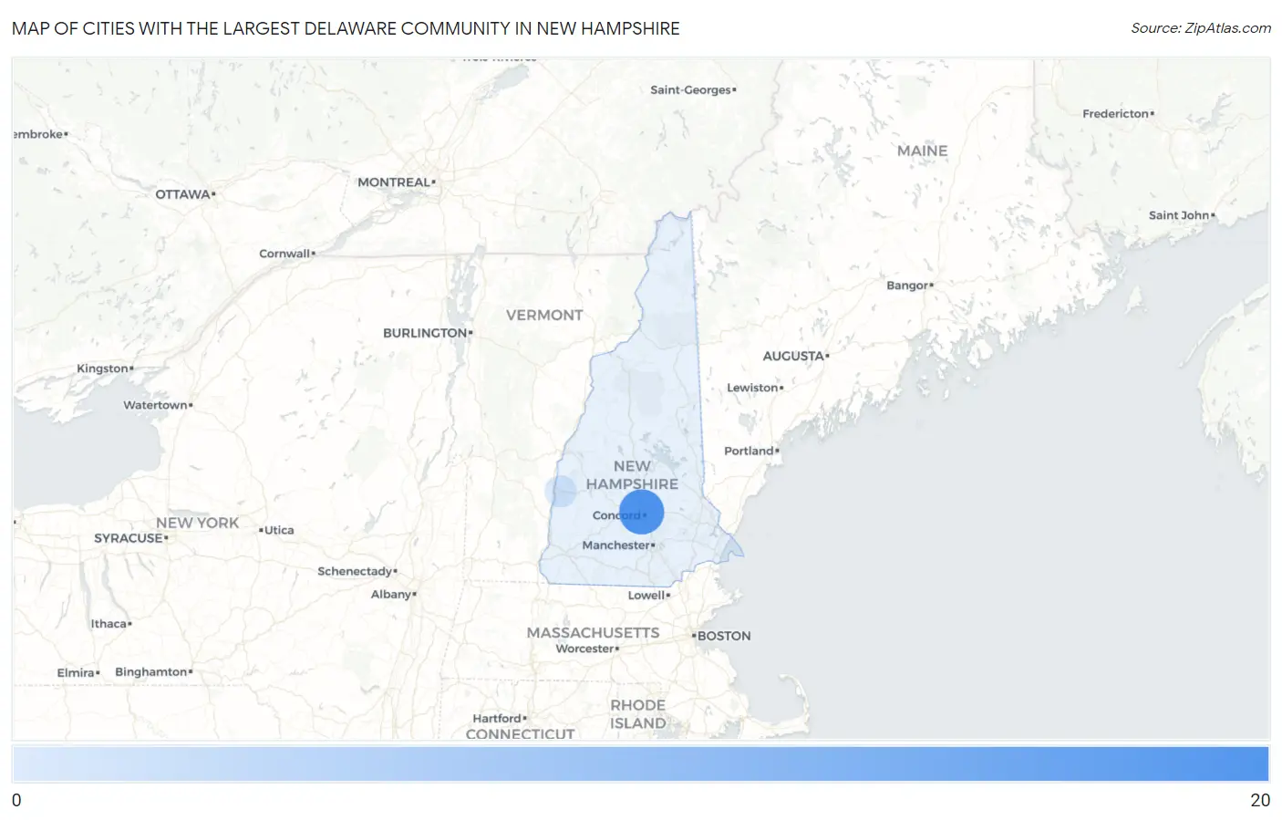Cities with the Largest Delaware Community in New Hampshire Map
